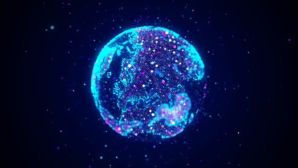 A globe made of lots of connected dots on a dark blue background